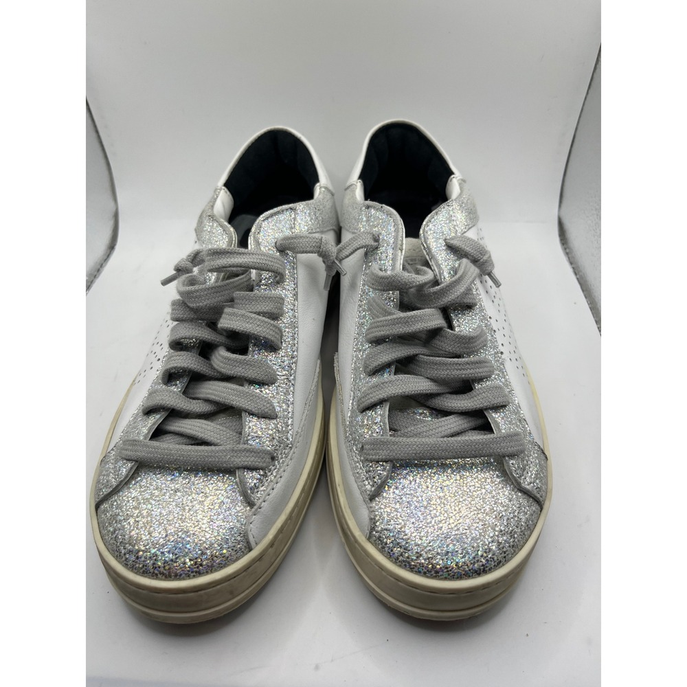 P448 Women's White Silver Glitter‎ Leather Sneakers Size 36